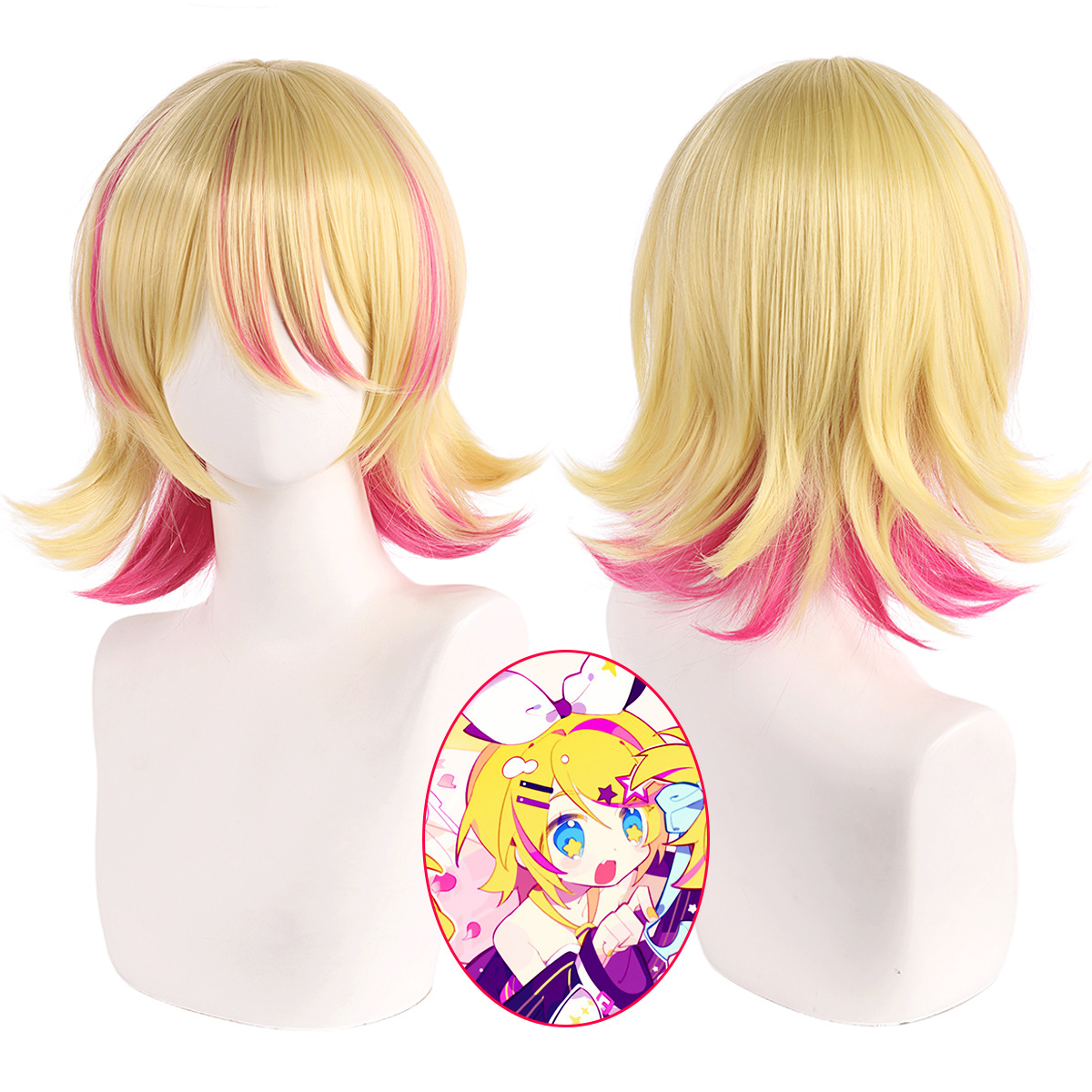 Anime Cosplay Duo - Synthetische Cosplay-Perücke, kurzes blondes Haar, Twin